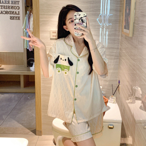 RM13606#夏季新款提花冰丝睡裙女短袖薄款开衫翻领卡通家居服套装
