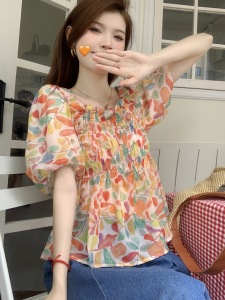 RM13751#洋气橘色碎花短款短袖外穿夏季甜辣妹爆款上衣