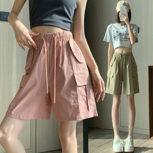 RM13914#工装短裤女夏季设计感松紧腰口袋阔腿裤小个子显瘦休闲五分裤