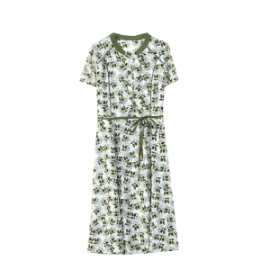 RM22151#印花连衣裙2023女新款夏季气质系带收腰显瘦中年妈妈冰丝大码裙子