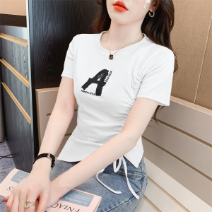 RM15342#夏韩版设计感侧边褶皱抽绳不规则字母印花短袖T恤