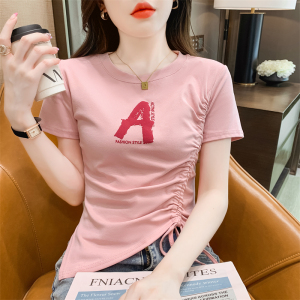 RM15342#夏韩版设计感侧边褶皱抽绳不规则字母印花短袖T恤