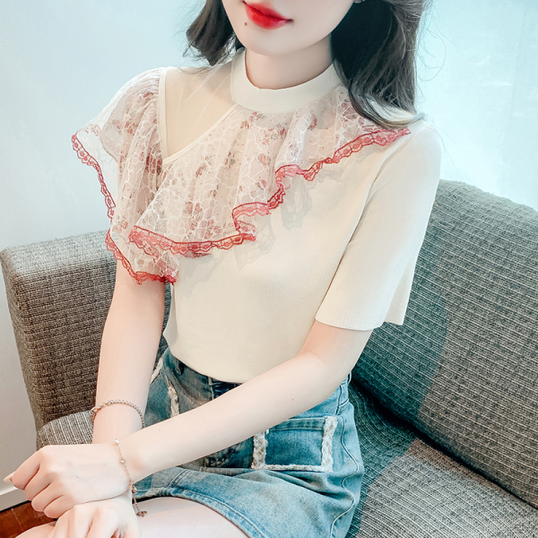 RM18594#夏季新款复古网纱拼接针织衫女修身显瘦短袖T恤女小众