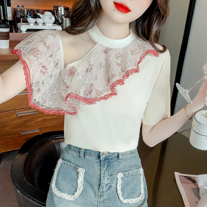 RM18594#夏季新款复古网纱拼接针织衫女修身显瘦短袖T恤女小众