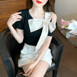 RM13676#夏韩版设计感短袖洋气拼雪纺蝴蝶结重工露肩上衣t恤
