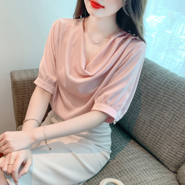RM13677#夏新款上衣女简约时尚个性钉珠设计纯色衬衫缎面气质小衫