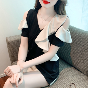 RM13678#夏韩版设计感短袖洋气拼雪纺重工露肩气质上衣t恤