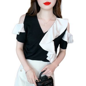 RM13678#夏韩版设计感短袖洋气拼雪纺重工露肩气质上衣t恤