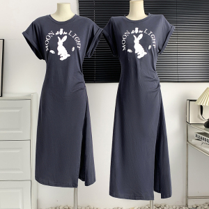 RM15755#奔月兔连衣裙 精梳棉字母印花圆领短袖褶皱收腰T恤裙