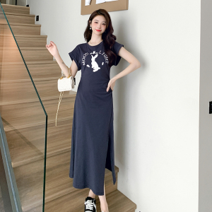 RM15755#奔月兔连衣裙 精梳棉字母印花圆领短袖褶皱收腰T恤裙