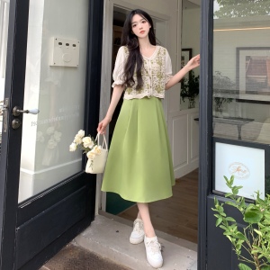 RM15008#夏季新款甜美上衣泡泡袖衬衫半身裙两件套仙女连衣裙超仙森系