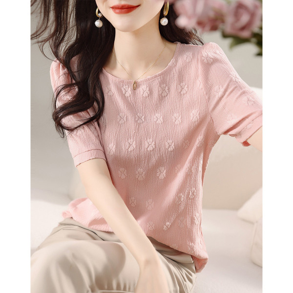 RM16810#夏季新款轻薄通勤百搭上衣绣花女式T恤肌理感纯色T恤