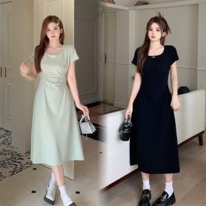 RM15541#大码女装2023夏季短袖褶皱设计显瘦时尚气质收腰中长连衣裙女