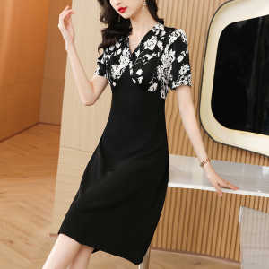 RM19054#黑色连衣裙女夏季法式高端轻熟高腰气质印花时尚洋气修身显瘦气质
