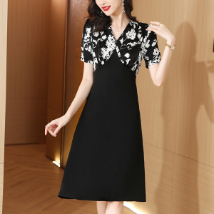 RM19054#黑色连衣裙女夏季法式高端轻熟高腰气质印花时尚洋气修身显瘦气质