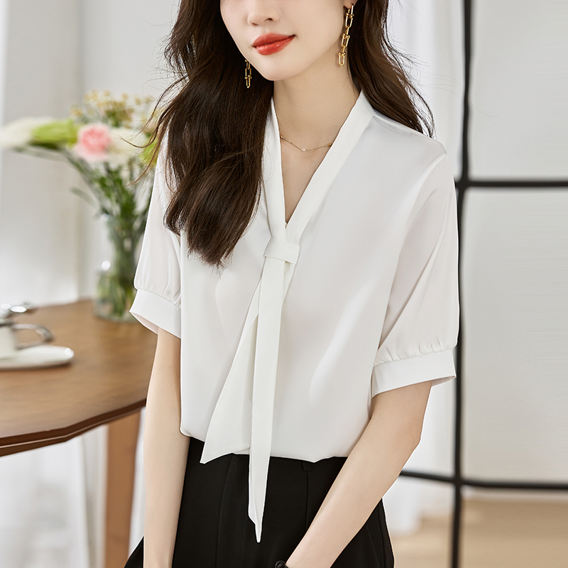 實拍2026夏季新款韓版百搭短袖飄帶緞面休閑襯衫女上衣夏