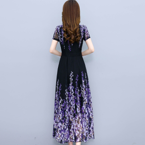 RM14336#夏季新款定位印花连衣裙女圆领收腰气质中长裙子
