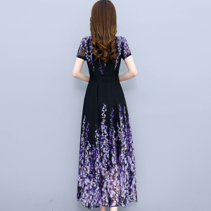 RM14336#夏季新款定位印花连衣裙女圆领收腰气质中长裙子