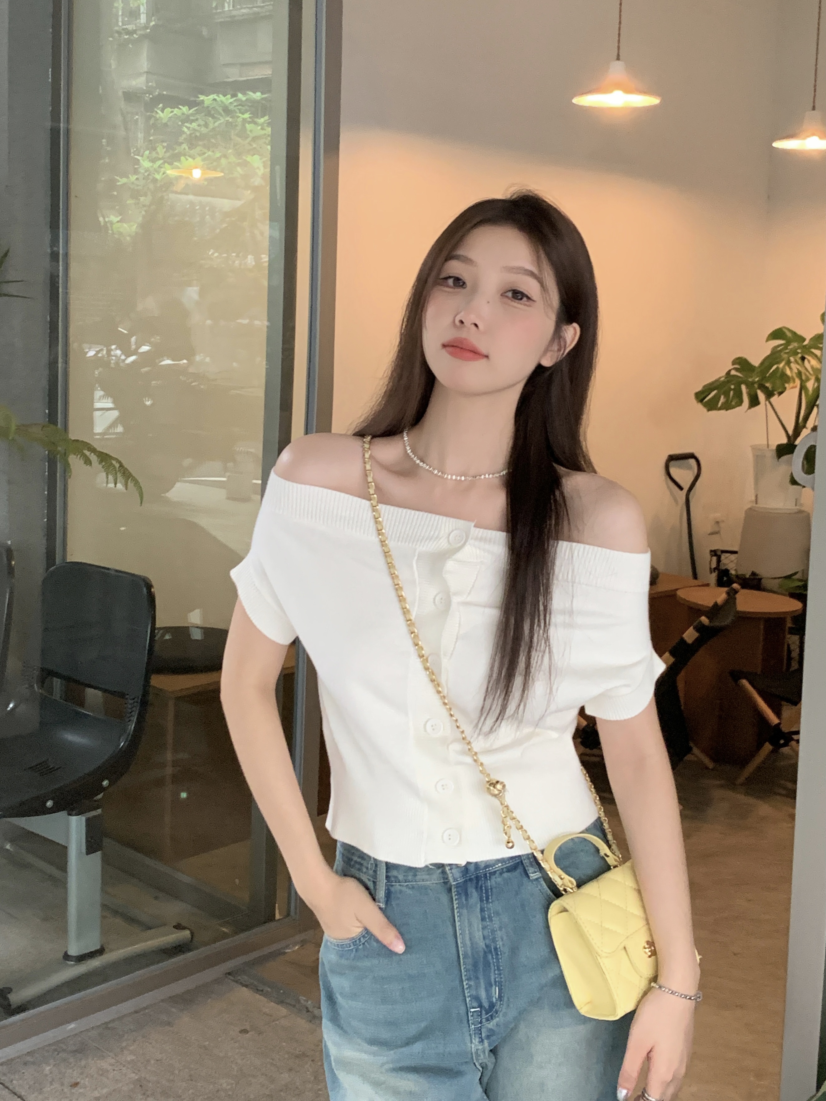 Real shot real price slim one word collar casual single-breasted knitted short-sleeved shirt pure desire simple self-cultivation T summer