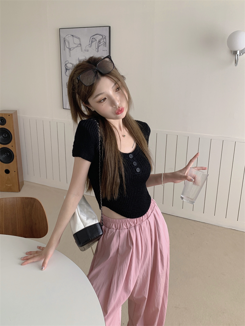 Real price: solid color thin casual short-sleeved sweater summer new hot girl shoulder top women's fashion