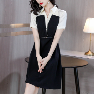 RM13729#经典黑白撞色裙子2023夏季新款简约百搭优雅气质假两件连衣裙女