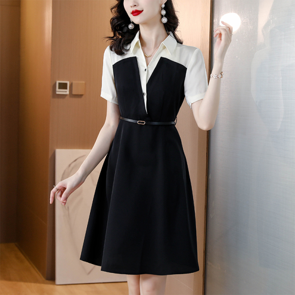 RM13729#经典黑白撞色裙子2023夏季新款简约百搭优雅气质假两件连衣...
