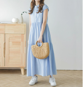 RM13744#韩国夏季圆领小排扣无袖后面系带甜美韩版条纹连衣裙