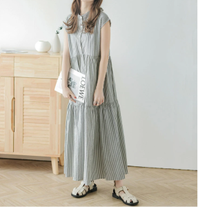 RM13744#韩国夏季圆领小排扣无袖后面系带甜美韩版条纹连衣裙