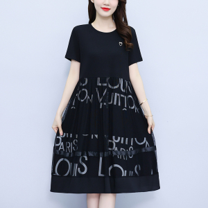 RM19357#新款连衣裙短袖圆领纱网裙休闲妈妈气质连衣裙