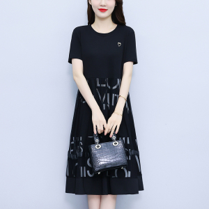 RM19357#新款连衣裙短袖圆领纱网裙休闲妈妈气质连衣裙