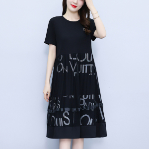 RM19357#新款连衣裙短袖圆领纱网裙休闲妈妈气质连衣裙