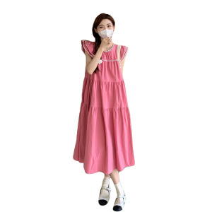 RM13667#夏装小清新粉色花边小飞袖蛋糕长裙气质法式别致连衣裙甜美