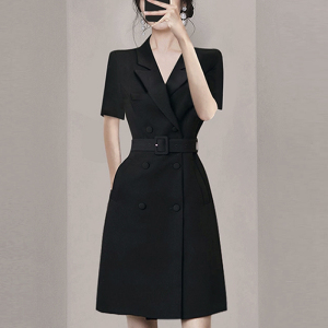 RM15655#小个子时尚职业OL黑色西装裙通勤短袖轻奢女装正式场合气质连衣裙