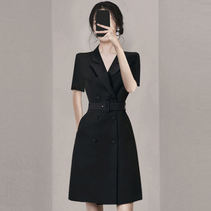 RM15655#小个子时尚职业OL黑色西装裙通勤短袖轻奢女装正式场合气质连衣裙