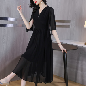 RM14181#真丝蚕桑丝连衣裙2023女新款高端气质大牌黑色收腰显瘦夏季长裙子