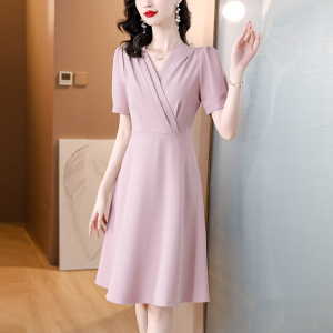 RM15213#夏季新款短袖V领交襟高级感连衣裙时尚气质优雅a字裙