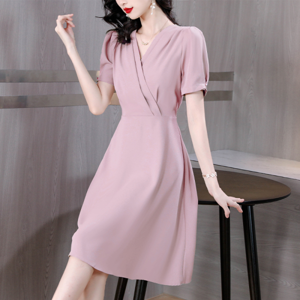 RM15213#夏季新款短袖V领交襟高级感连衣裙时尚气质优雅a字裙