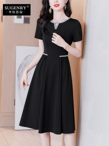 RM16052#黑色连衣裙女新款2023夏季气质显瘦高端修身收腰短袖赫本风小黑裙