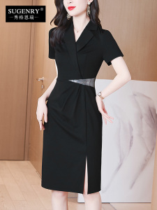 RM16054#连衣裙女夏2023新款高级感气质遮肚别致v领短袖西装领洋气黑色裙