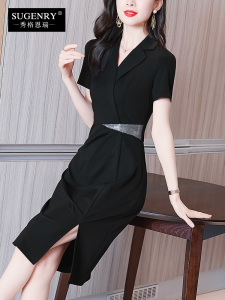 RM16054#连衣裙女夏2023新款高级感气质遮肚别致v领短袖西装领洋气黑色裙