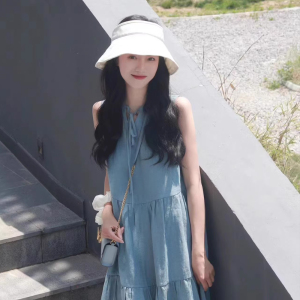 TR34815# 夏季法式气质女神范高端精致小香风海边度假休闲蓝色无袖连衣裙子