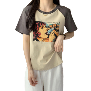 RM16932#插肩袖拼色短袖T恤女夏装新款复古美式印花卡通简约别致上衣