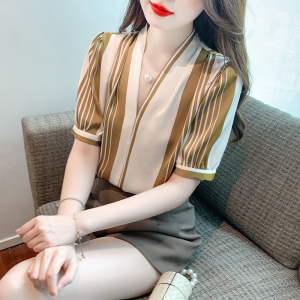RM19037#夏季新款韩版百搭V领短袖条纹衬衫女上衣送项链