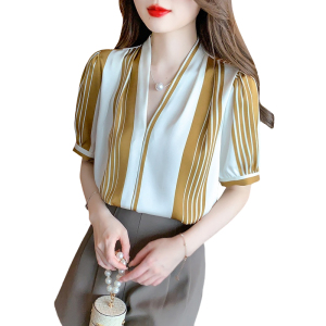 RM19037#夏季新款韩版百搭V领短袖条纹衬衫女上衣送项链