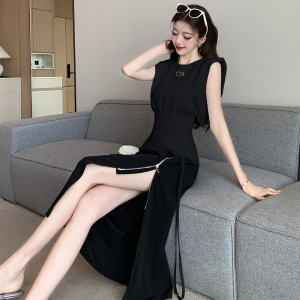 RM14003#韩系网红设计感时尚套装女夏季漏背无袖上衣拉链开叉半身裙两件套