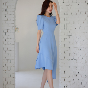 RM13858#夏季新款韩版时尚气质优雅显瘦纯色甜美不规则淑女圆领连衣裙