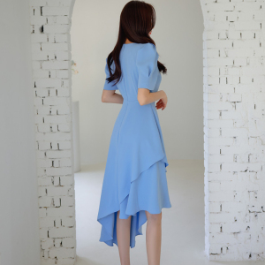 RM13858#夏季新款韩版时尚气质优雅显瘦纯色甜美不规则淑女圆领连衣裙