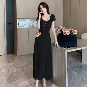 RM14004#高级感茶歇法式方领短袖修身收腰显瘦气质长款连衣裙女夏季新款潮