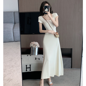 RM14004#高级感茶歇法式方领短袖修身收腰显瘦气质长款连衣裙女夏季新款潮