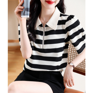 RM19437#黑色Polo领珠地条纹短袖T恤女韩版休闲爆款上衣